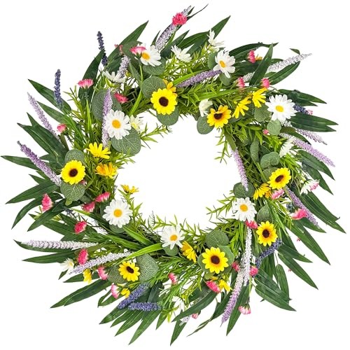 20″ Artificial Summer Wreath for Front Door – Sunflower Daisy Yellow – 20in