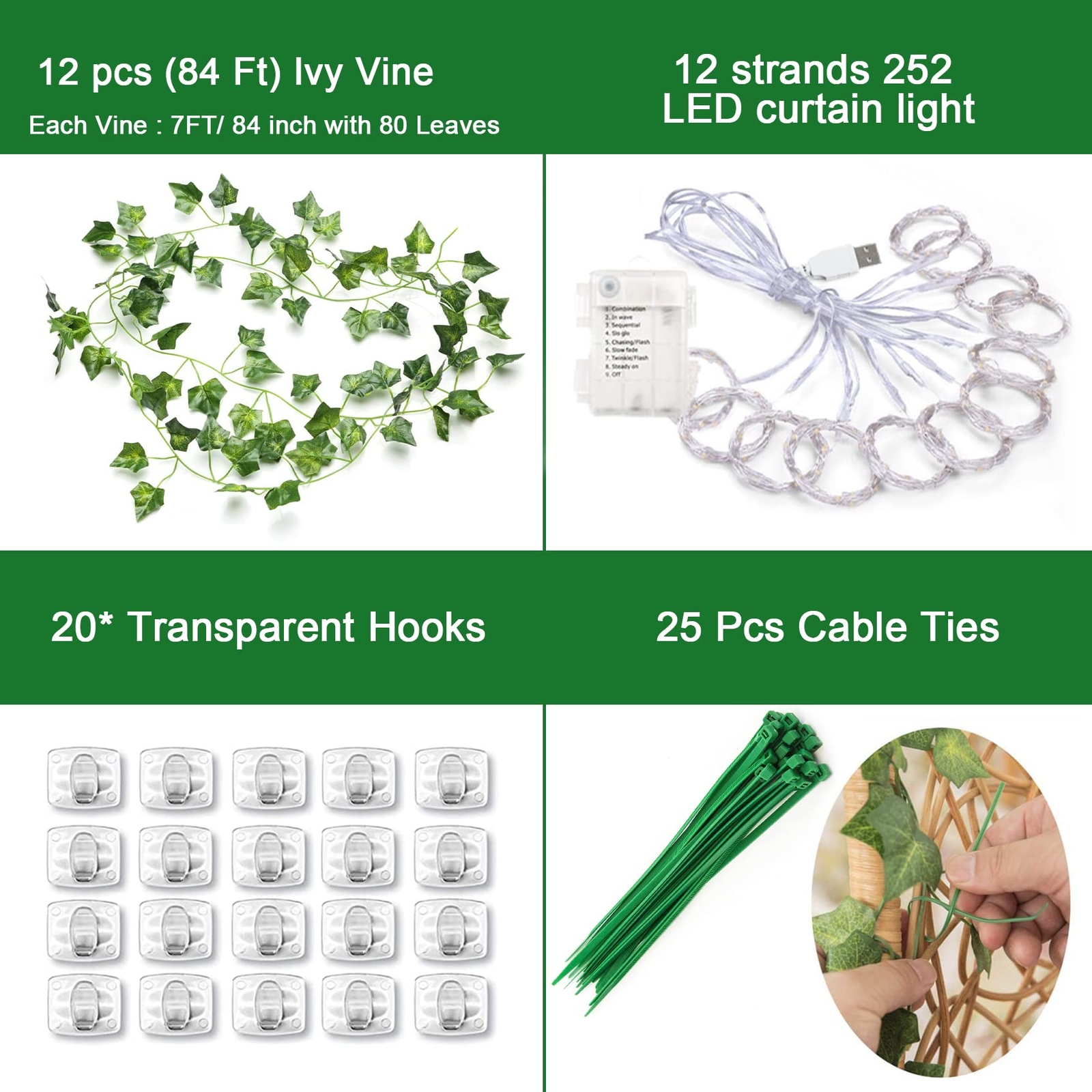 12 Pack Artificial Ivy Leaf Plant With 252 Led Fairy Window Curtain String Light