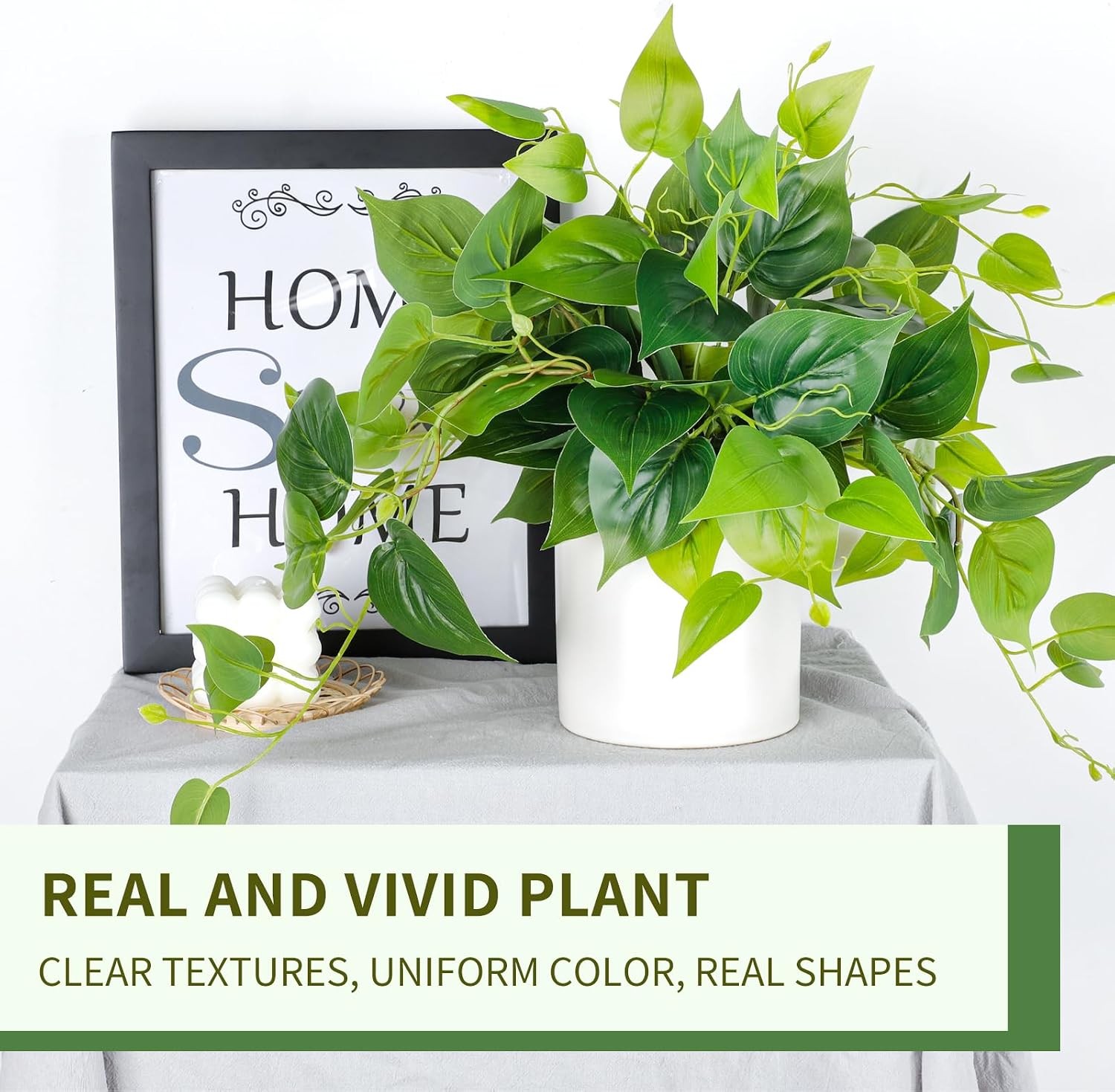 Small Faux Pothos Plant, Indoor Pot with White Ceramic for Shelf Decor
