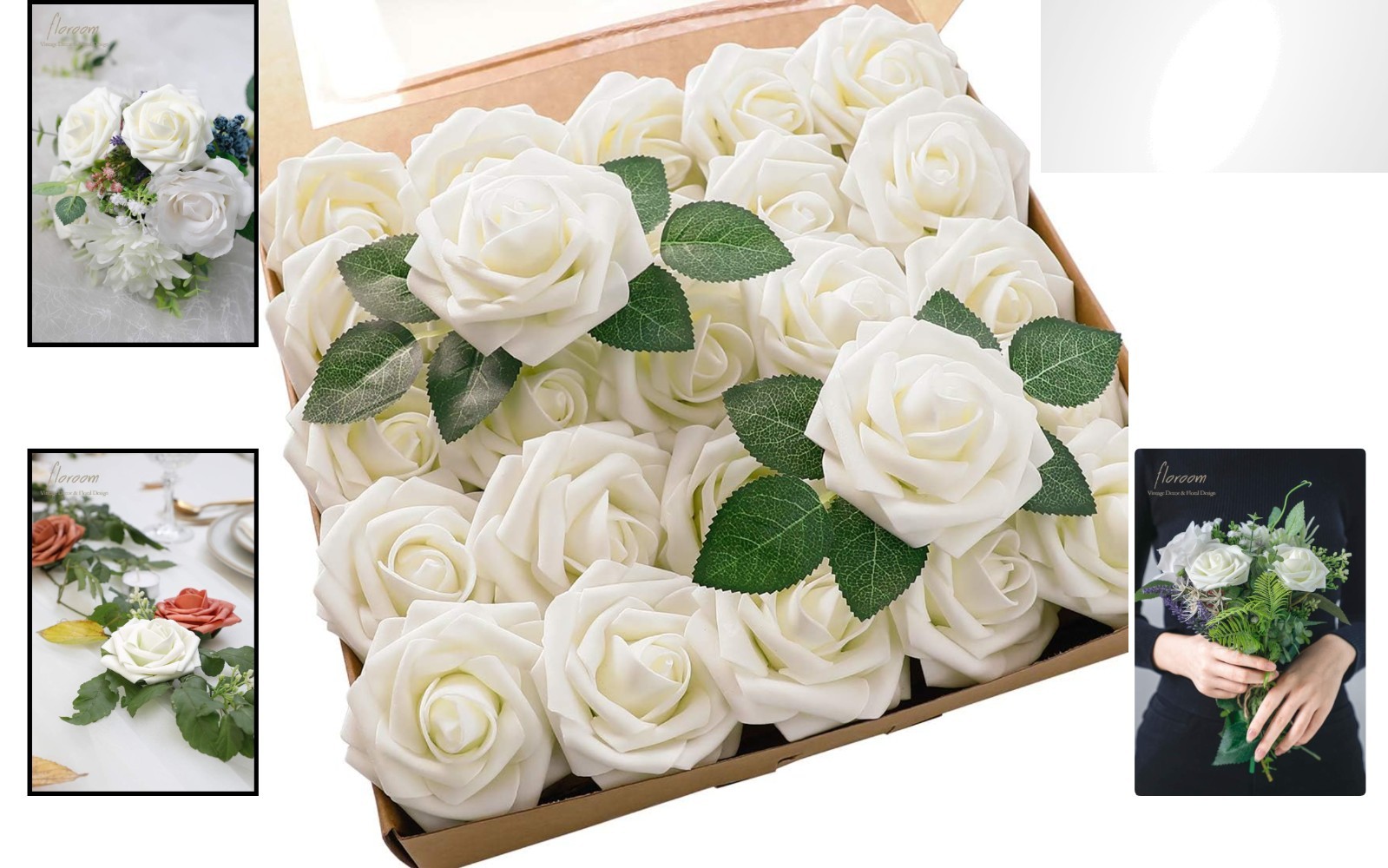 Realistic 25pcs Ivory Foam Roses with 8 Leaves for Stunning Floral Arrangements