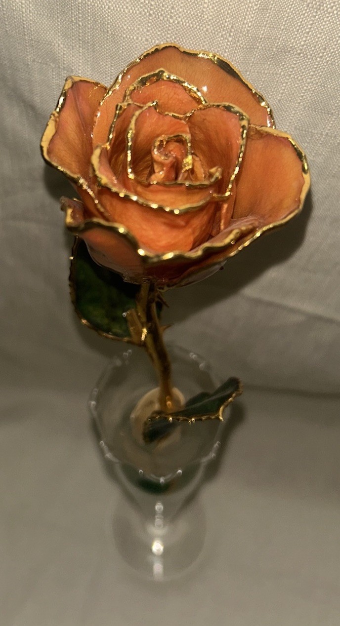 24K Gold Trimmed Real Peach Forever Rose Crystal Vase Green Glass Keepsake