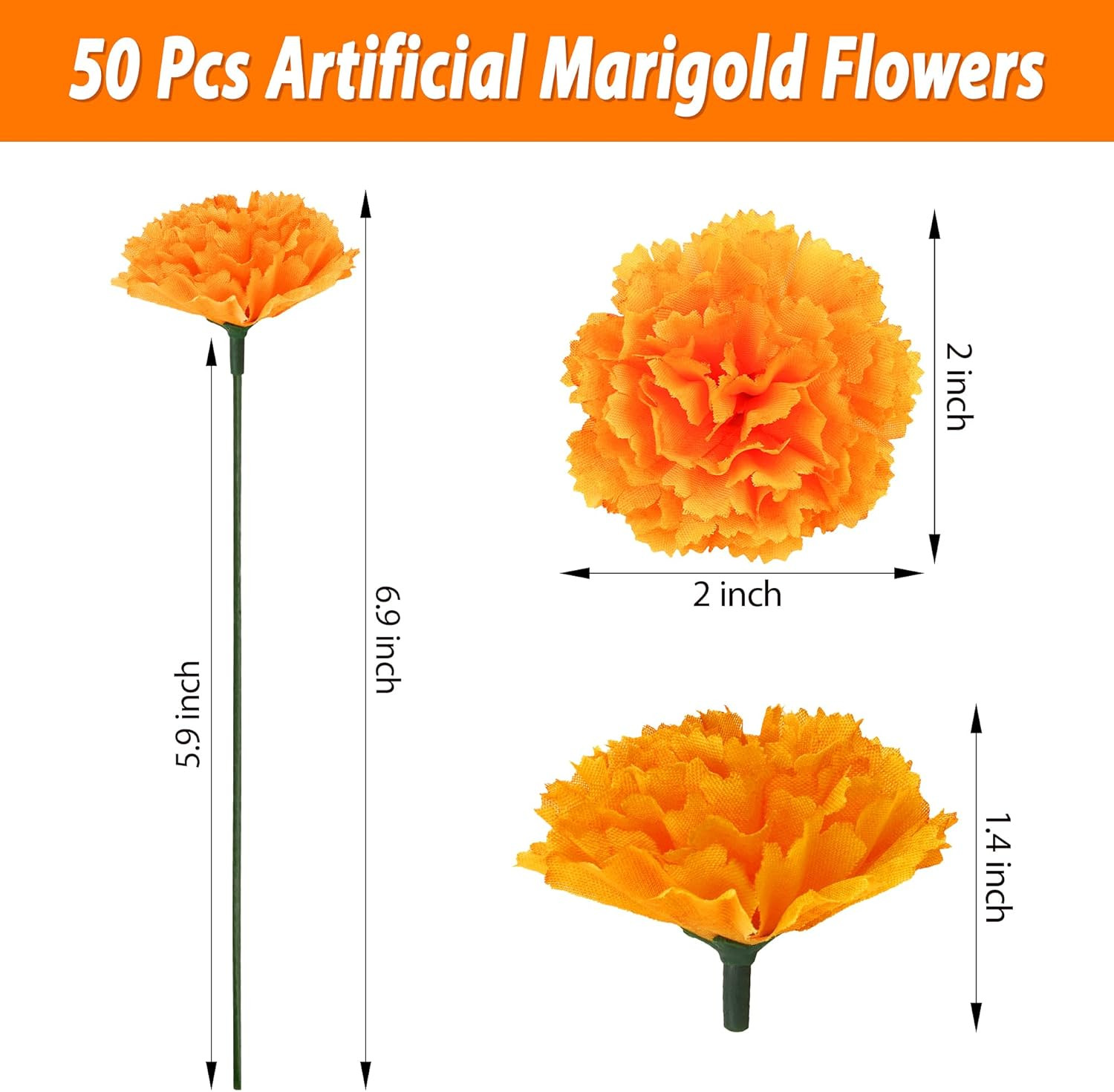 50 Pcs Artificial Marigold Flowers,2″ Silk Marigold Flower Heads with Stems,Oran