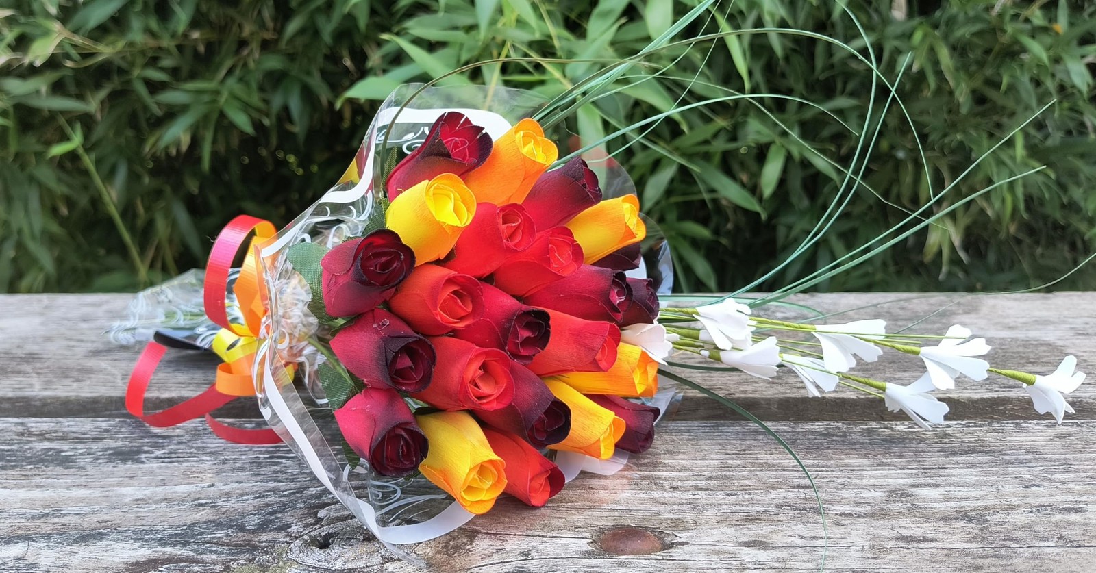 24 Pcs Dark Fall Harvest Colors Yellows Oranges Reds Wooden Rose Bouquet