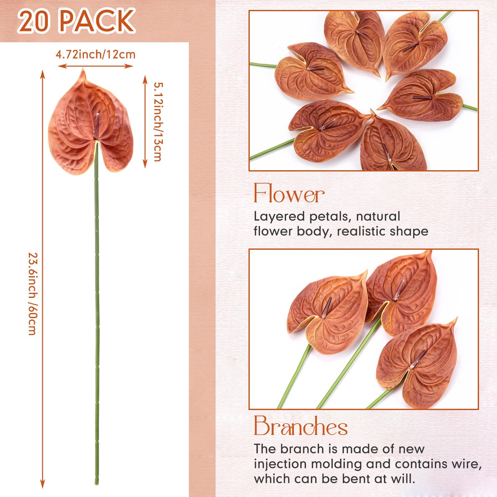 20 PCS Artificial Anthurium Flowers 23.6″ Fake Bouquet Centerpiece Orange