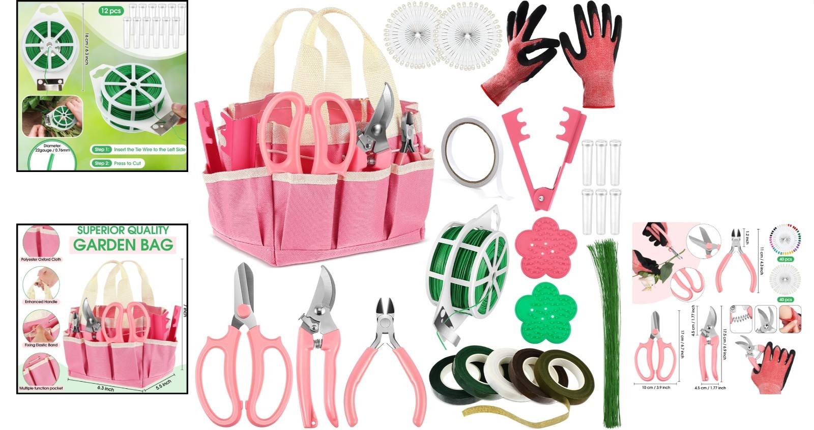 207-Piece Flower Arrangement Supplies Kit for Women in Pink with Garden Tool Bag