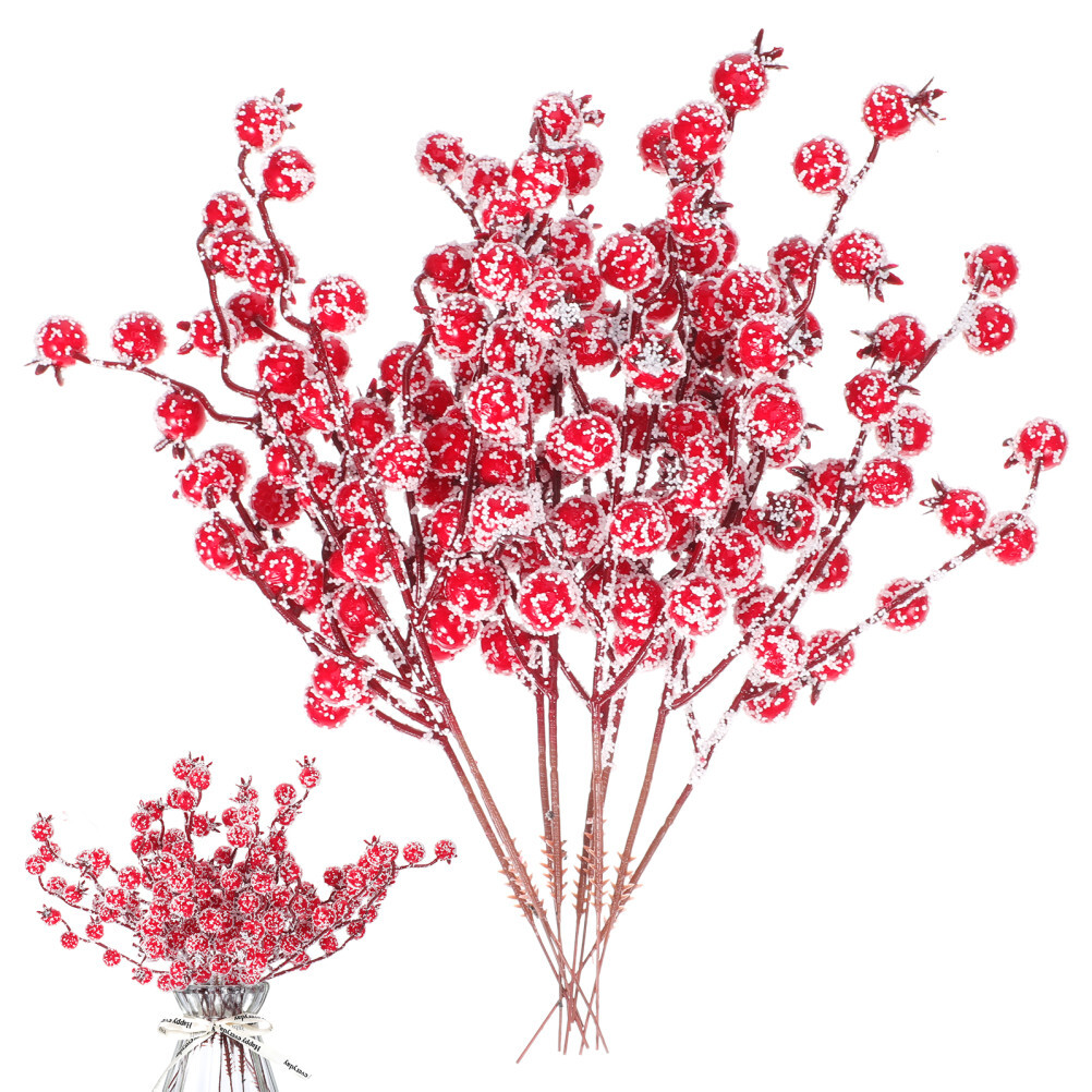 10PCS Frosted Stems Red Christmas Tree Decoration Fruit Lifelike