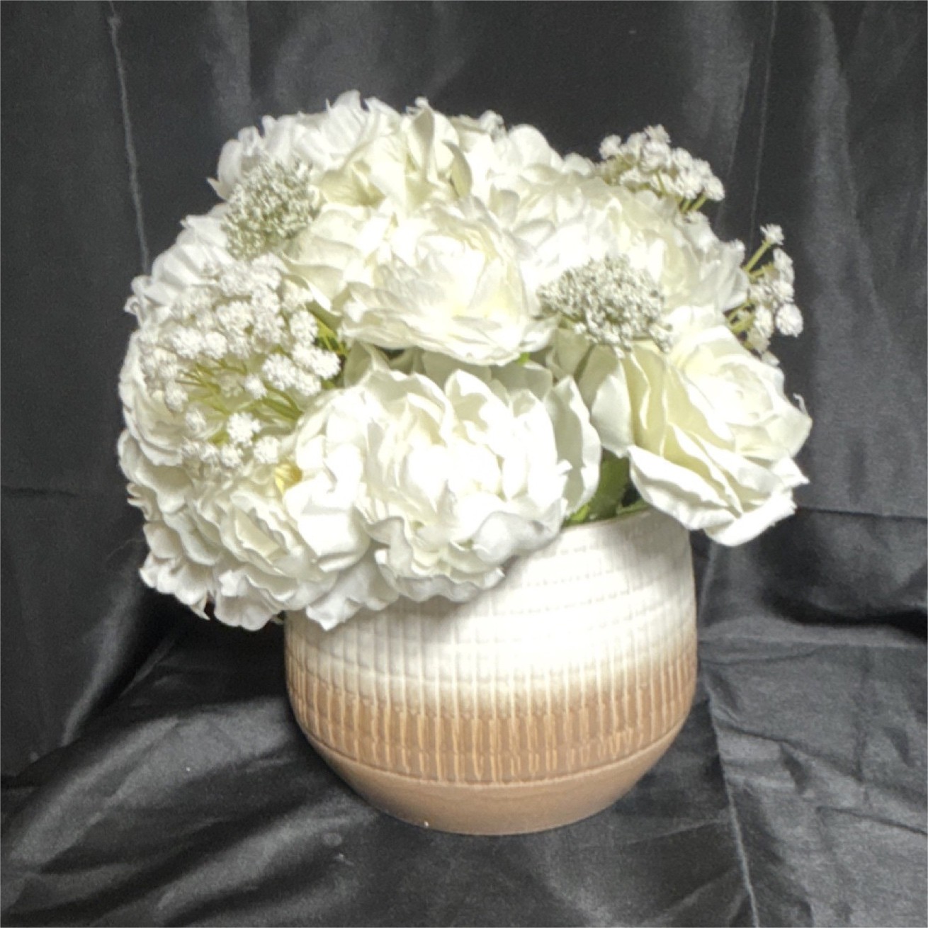 Artificial White Rose Arrangement in assorted Vases, 11″ Tall Floral Centerpiece