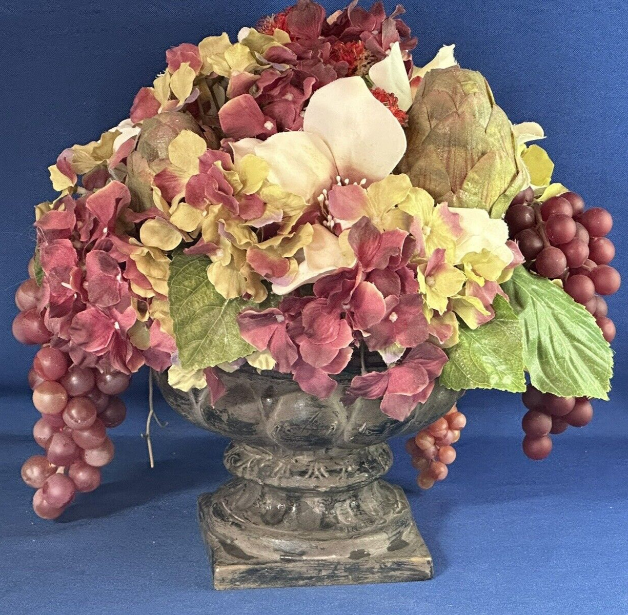 Large Arrangement of Faux Fruits and Flowers Centerpiece in Urn ~ 12.5 h x 13″ w