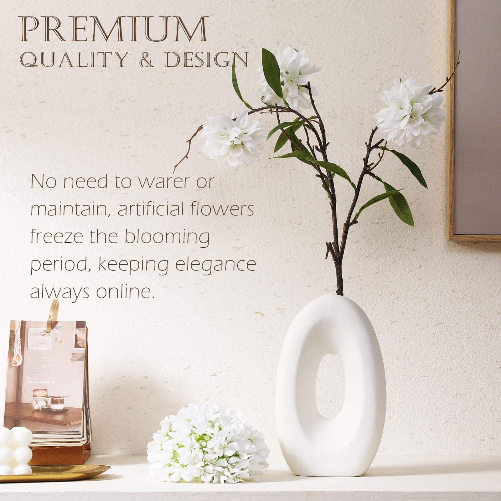 Fake Flower Bouquet and Vase Set Faux Silk Arrangement White Blossoms