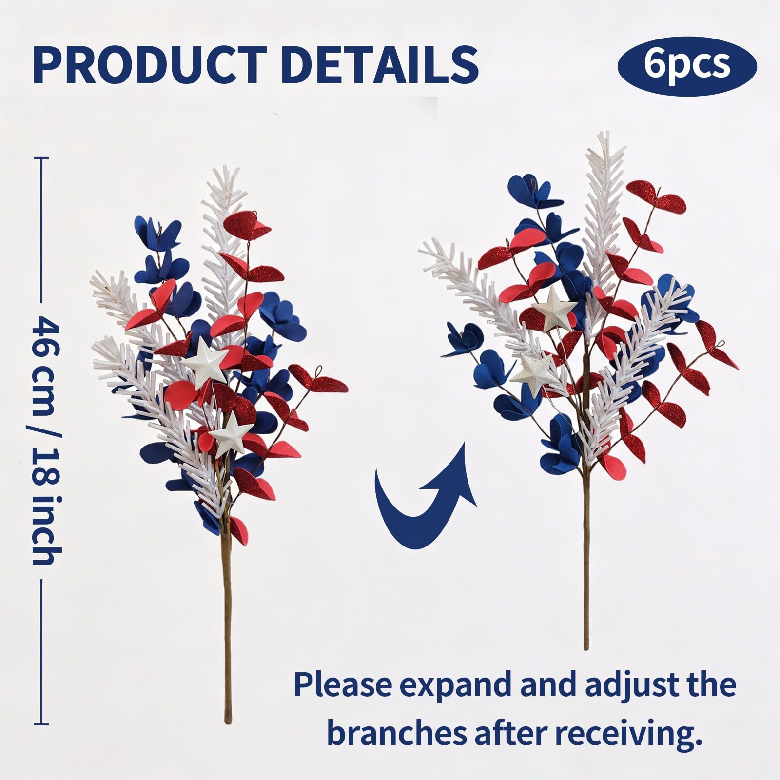 6 Pcs Patriotic Decor Stems with Red Blue PE Flowers, White PE Tassels & 2 St…