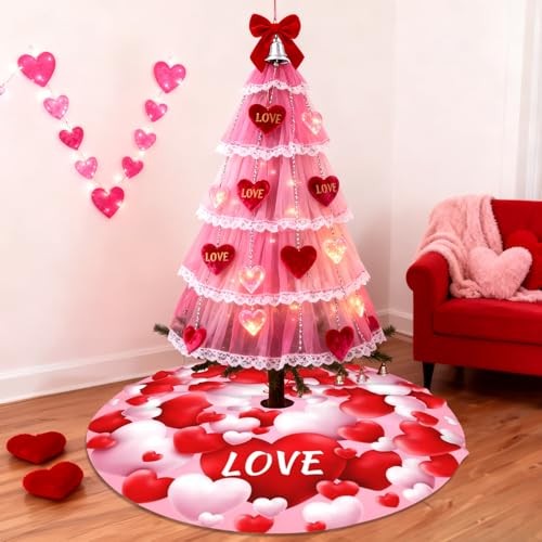 Valentine’s Day Tree Skirt 48 Inch ，Heart Suede Tree Skirt for 48inch Pink