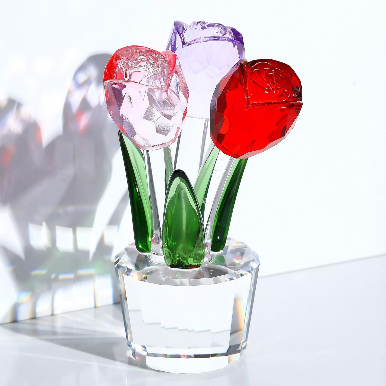 Crystal Rose Figurine 3 Roses Red Purple Pink K9 Crystal Gift Box for Women