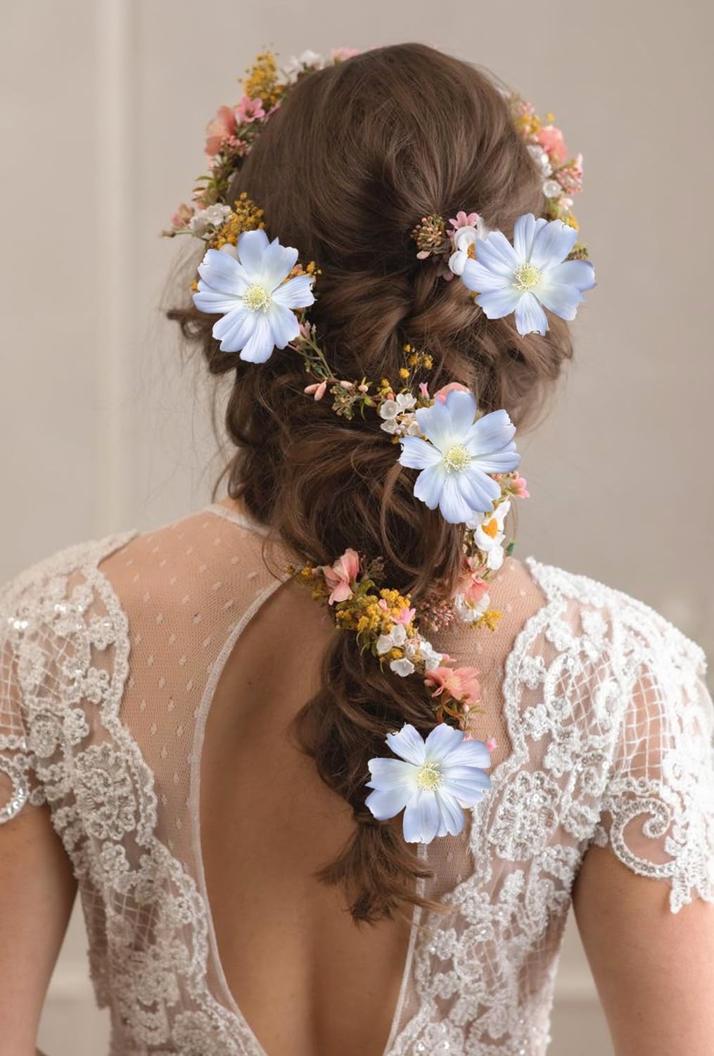 6 PCS Light Blue Daisy Artificial Wildflowers 24 Inch Silk Wedding Party Decor