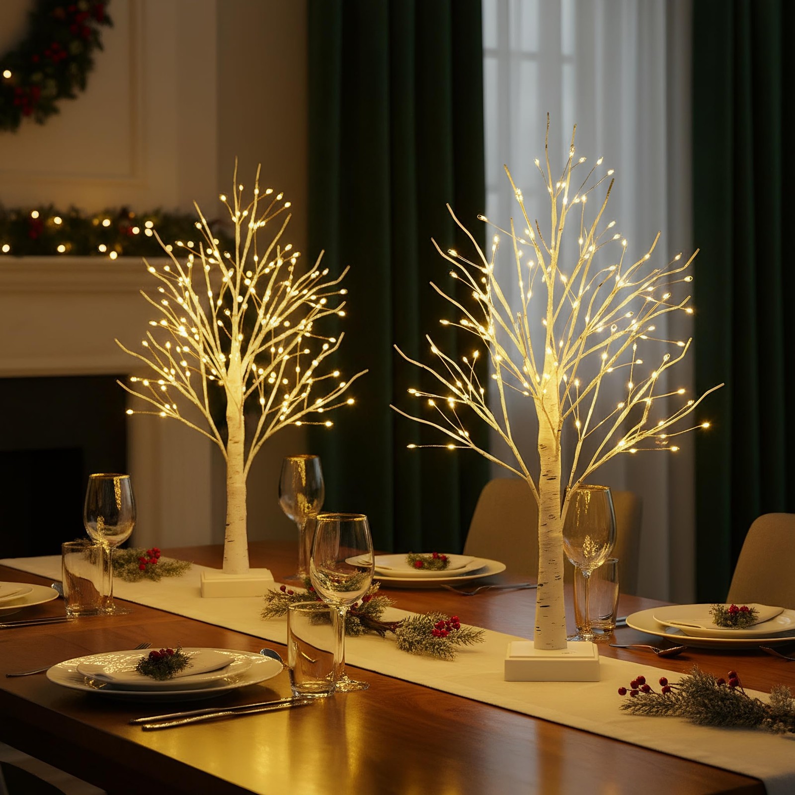 2ft Lighted Birch Tree with 144 Warm White LEDs 2 Pack Small White Christmas…