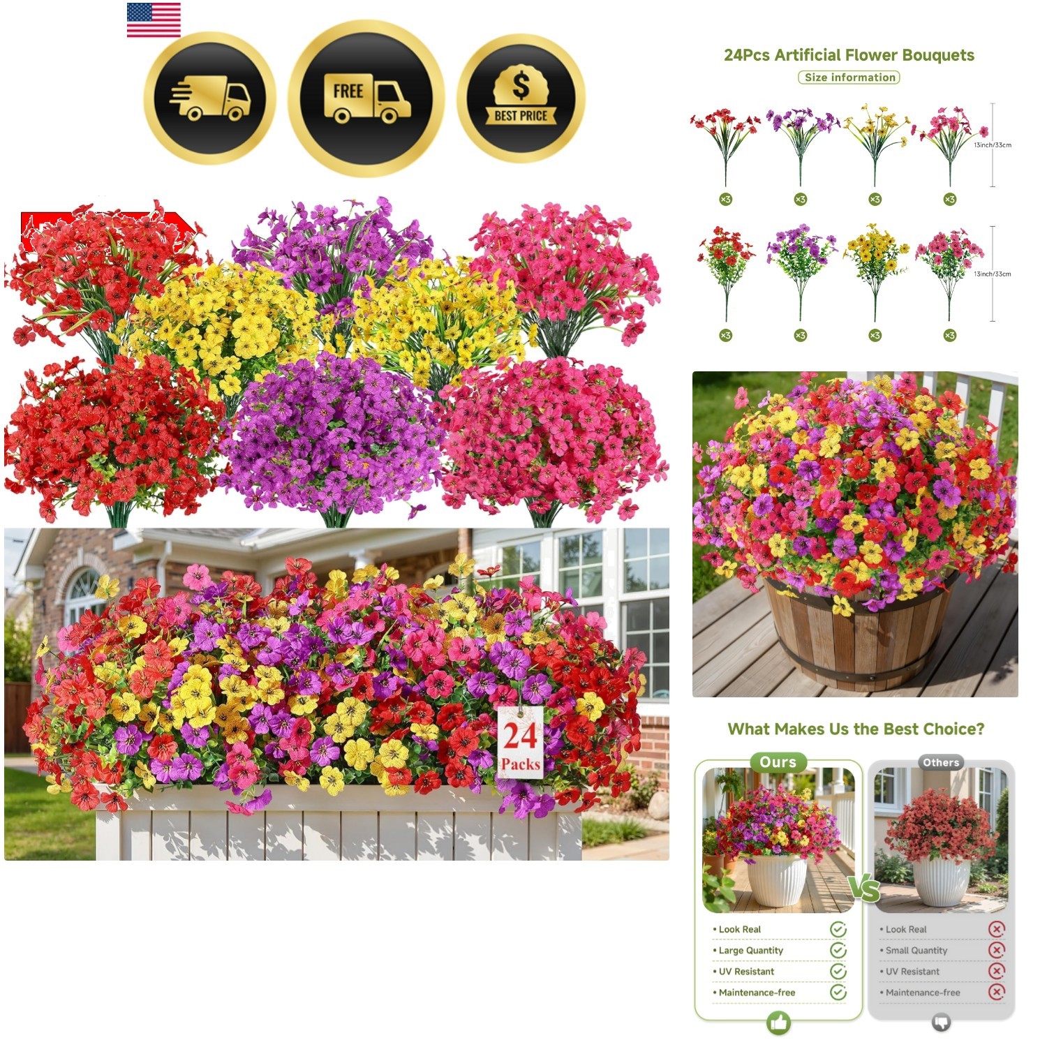 24 Bundles Artificial Flowers for Outdoors Decoration, UV Resistant Silk Faux…