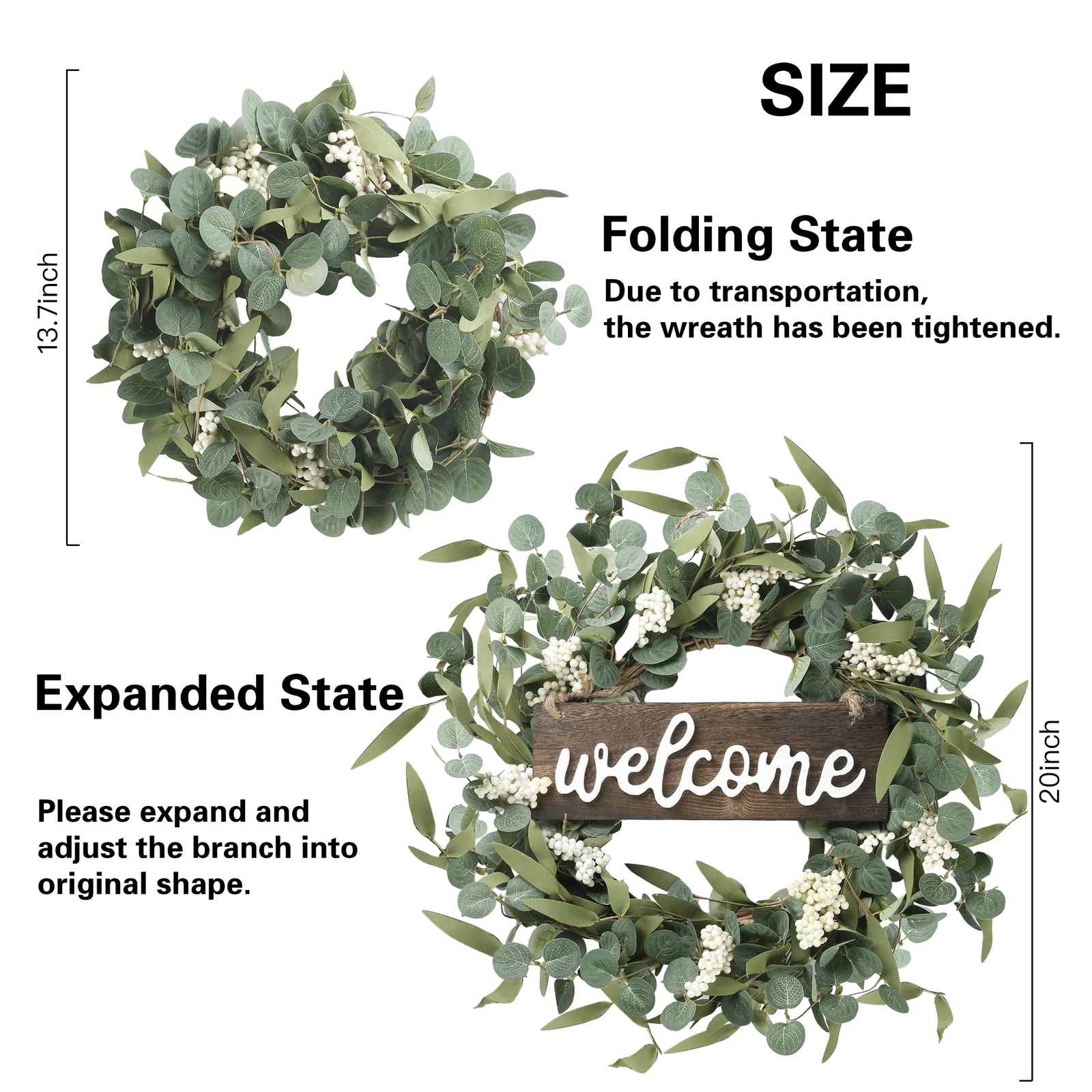 Sggvecsy Green Eucalyptus Wreath with Welcome Sign 20in Artificial Eucalyptus