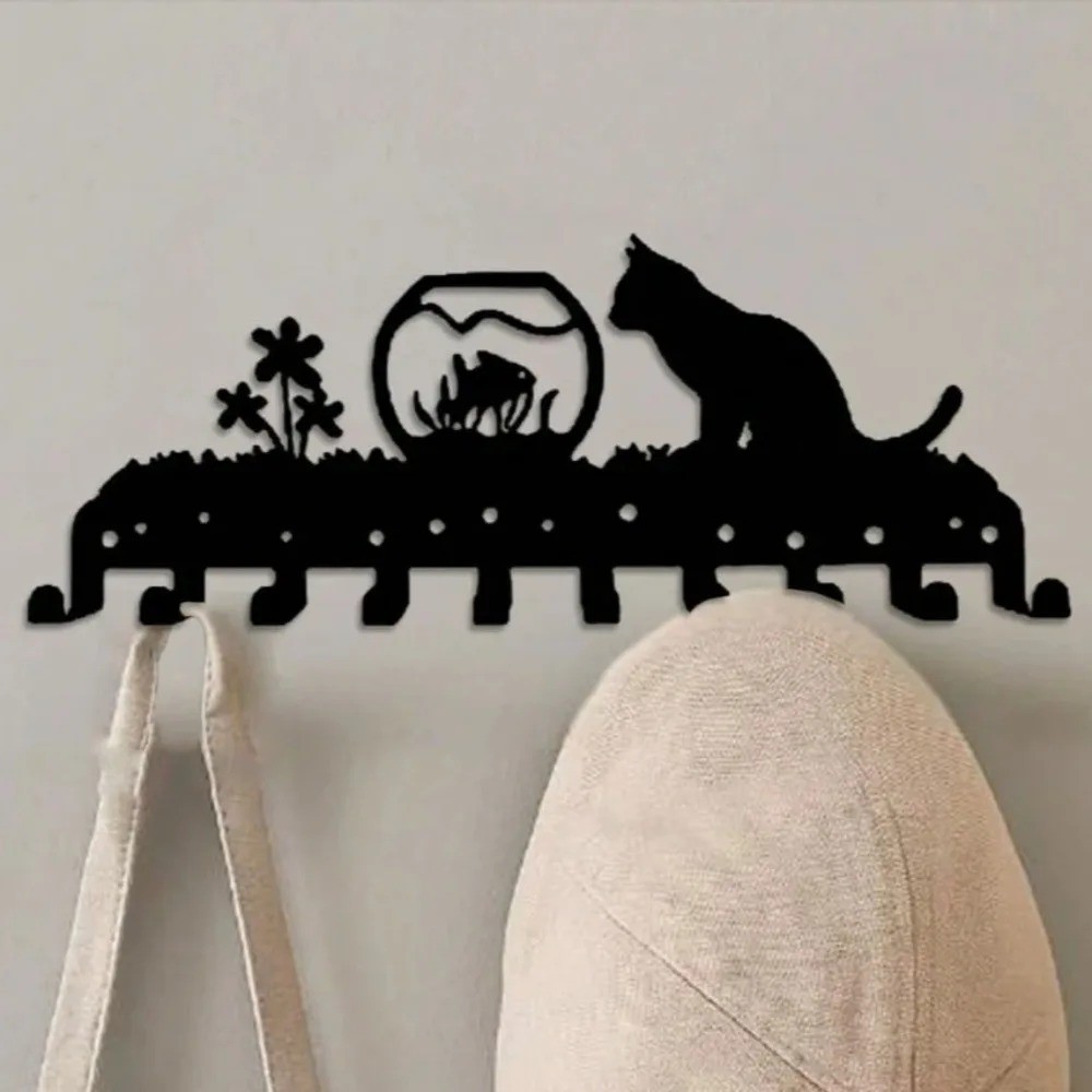 Adorable Black Cat Metal Key Holder Iron Art Entryway Organizer Home Decor
