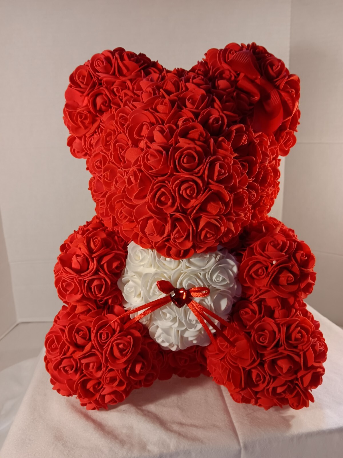 Red Rose Teddy Bear with White Heart – 13″ Artificial Foam Flower Gift – Romanti