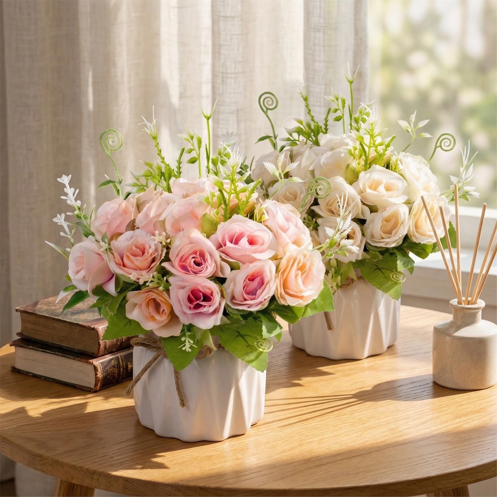 Fake Flowers with Vase,Pink Roses Artificial Flowers in Vase