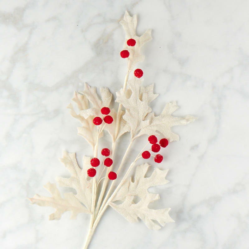 Sparkling White Oak Leaf Spray with Red Berries