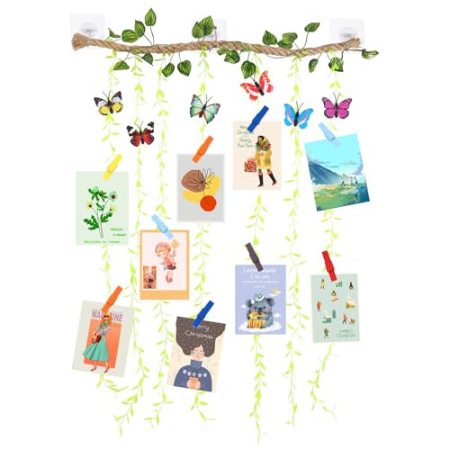Wall Hanging Photo Display with Artificial Leaves Vines, Macrame Photo