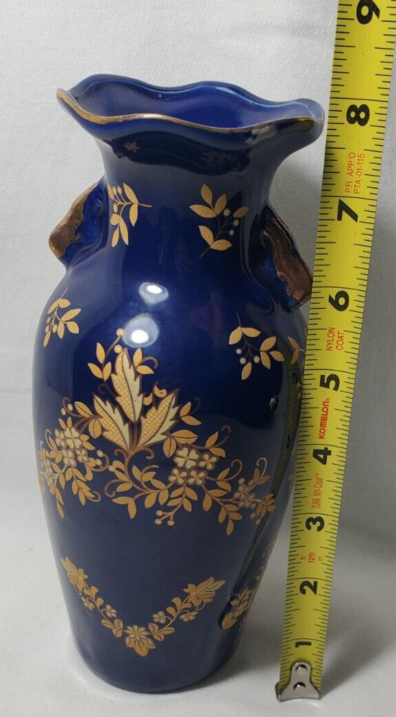 Hand-painted Dark Blue With Gold Floral Porcelain Vase Double Handle