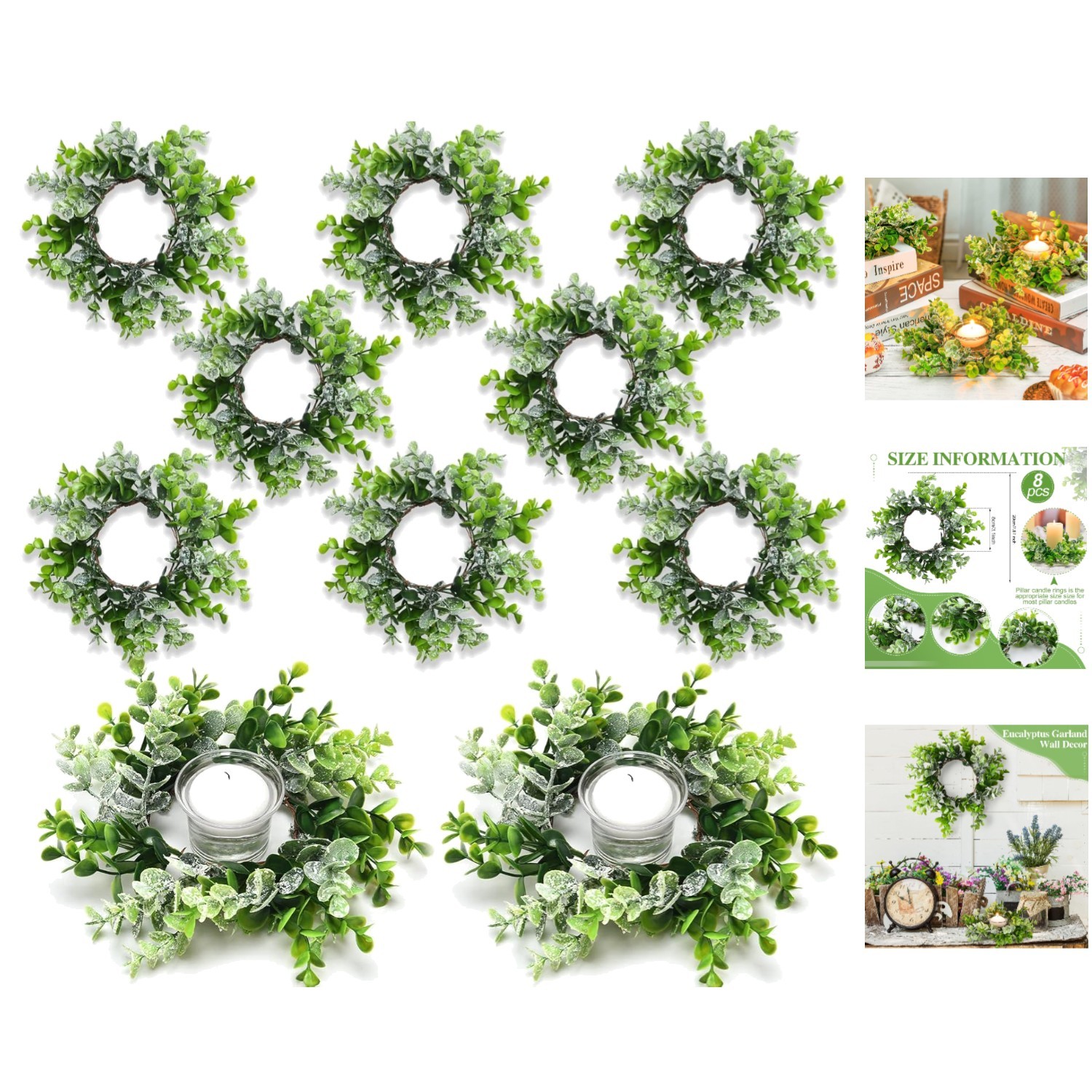 8 Pcs Mini Eucalyptus Candle Rings – Elegant Floral Wreaths for All Seasons