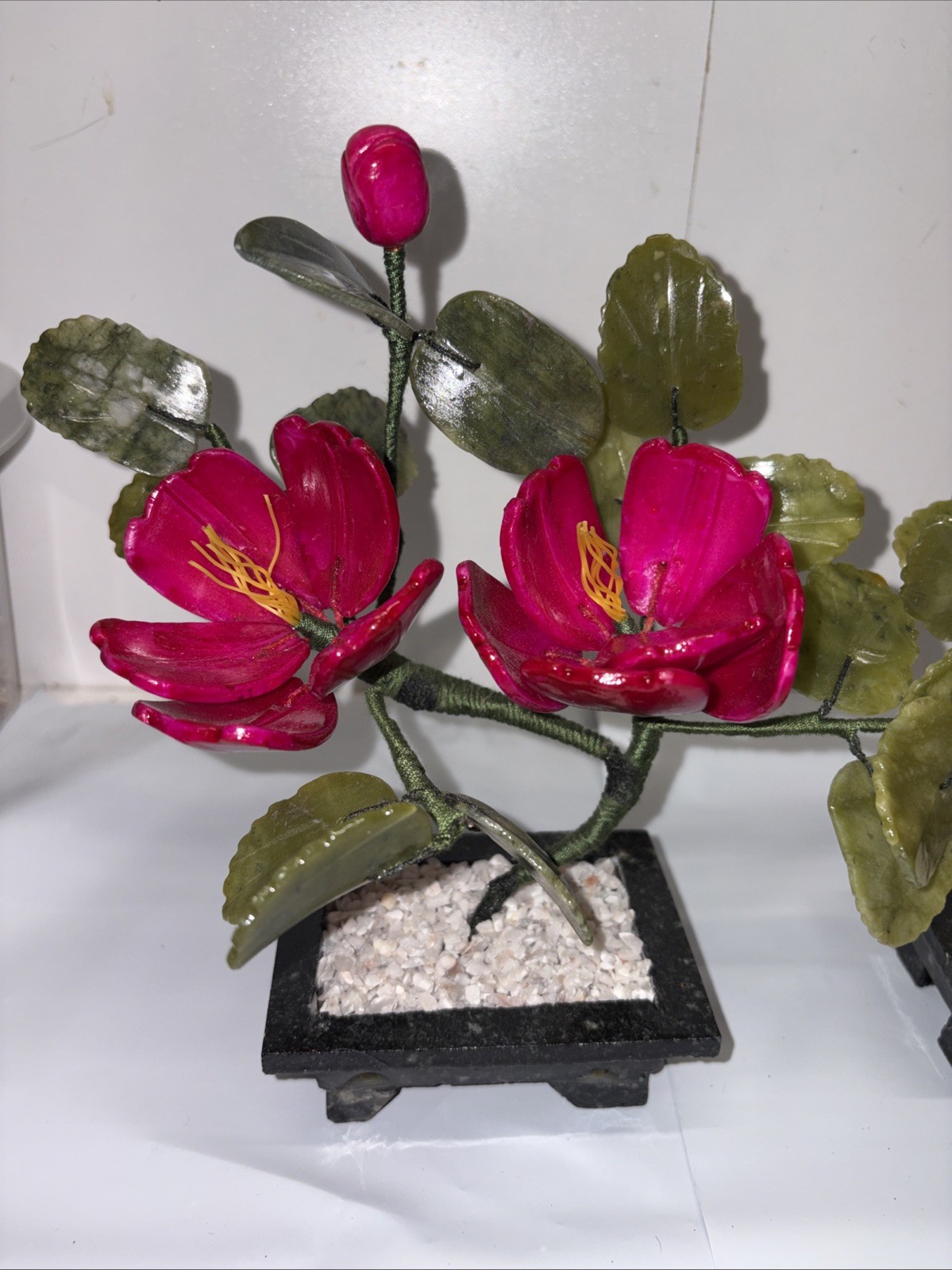 Set of 2 handcrafted Jade and glass flower Bonsai small Peony Flower Basket