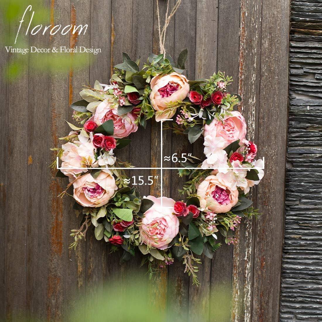 Floroom Floral Wreath, Artificial Peony Wreath, 15-16 Front D Kitchen