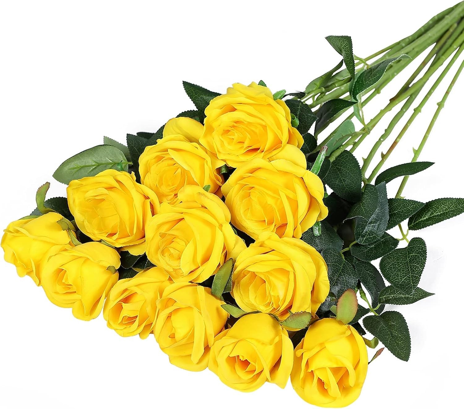 Realistic Silk Rose Bouquet – 12PCS Long Stem Yellow Flowers for Home & Weddings