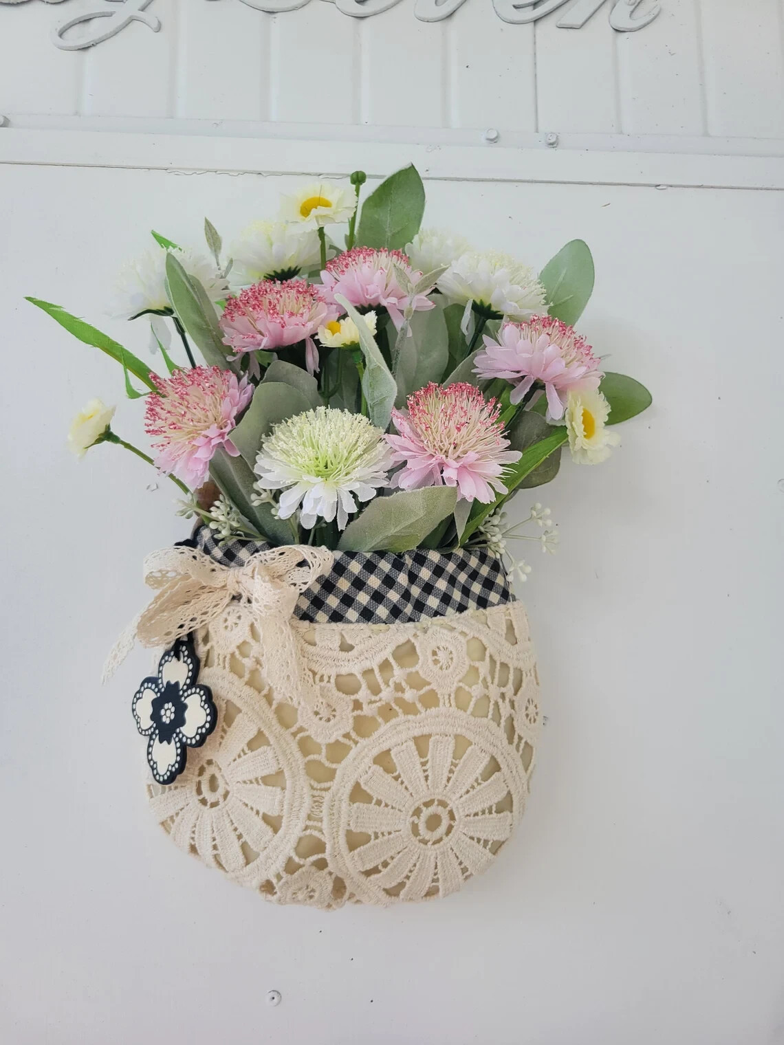 Upcycled Lace Purse, Boho Cottage Core Country Door Wall Floral Decor for Summer