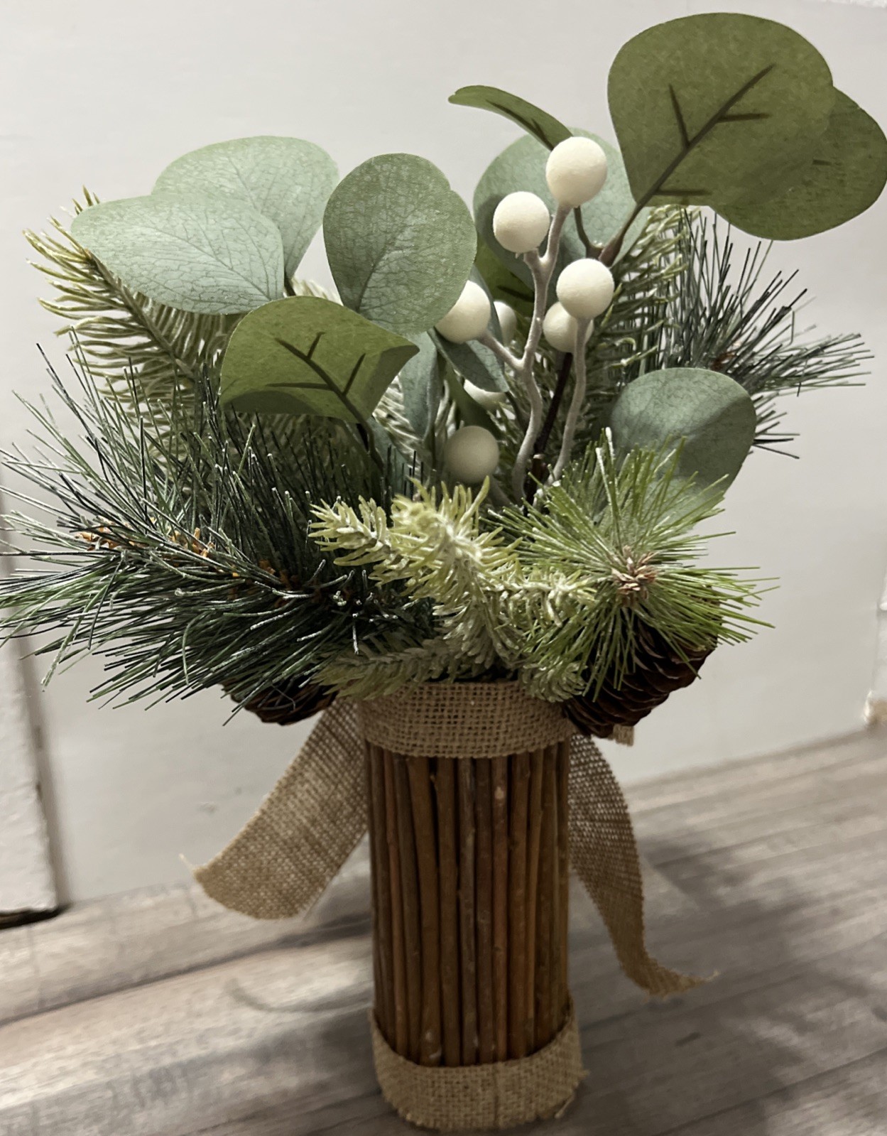 2 – 12” Rustic Greenery Arrangements Pine Cones Burlap Wood Base Country Cabin