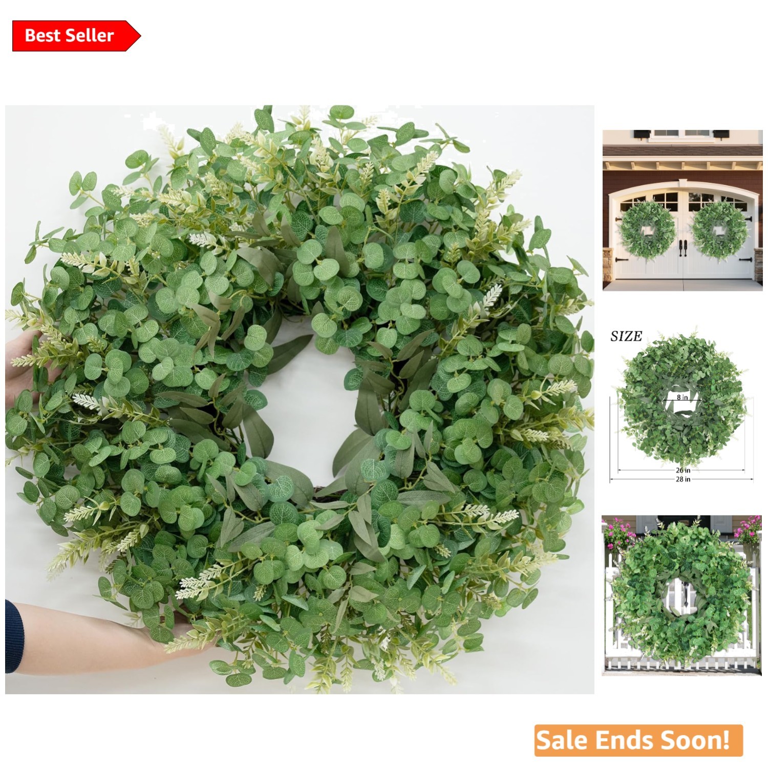 26 Inch Artificial Eucalyptus Wreath for Front Door Indoor Outdoor Greenery A…