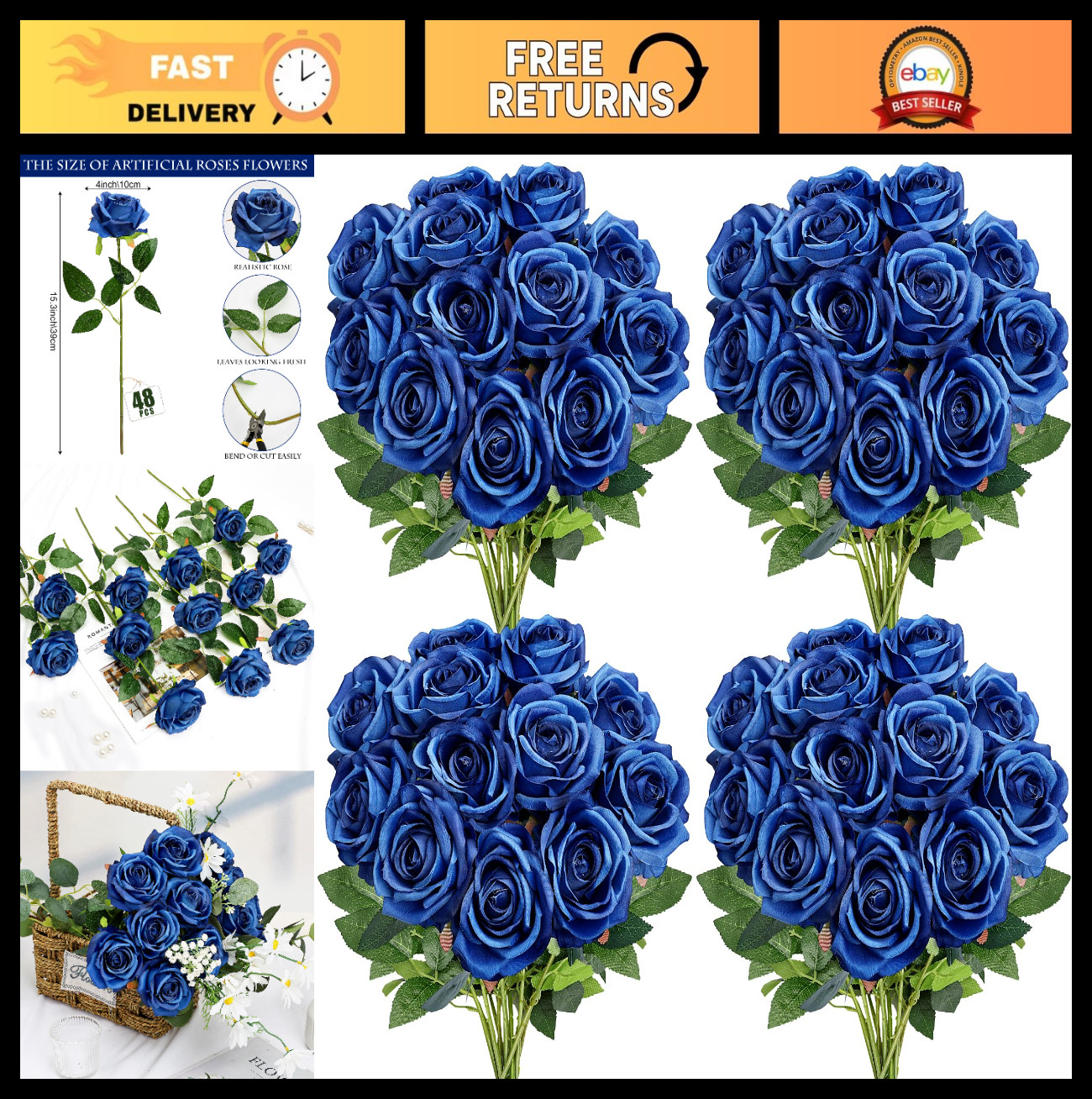 48 PCS Royal Blue Artificial Roses – Silk Flowers with Long Stems for DIY Bouque