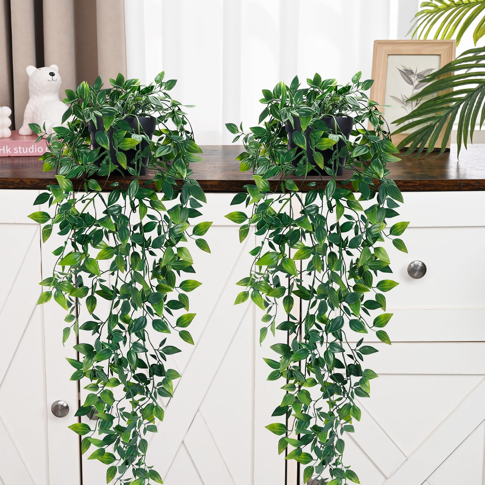 2Pcs Fake Hanging Plants with Pot Deep Green Eucalyptus Leaves UV Resistant F…