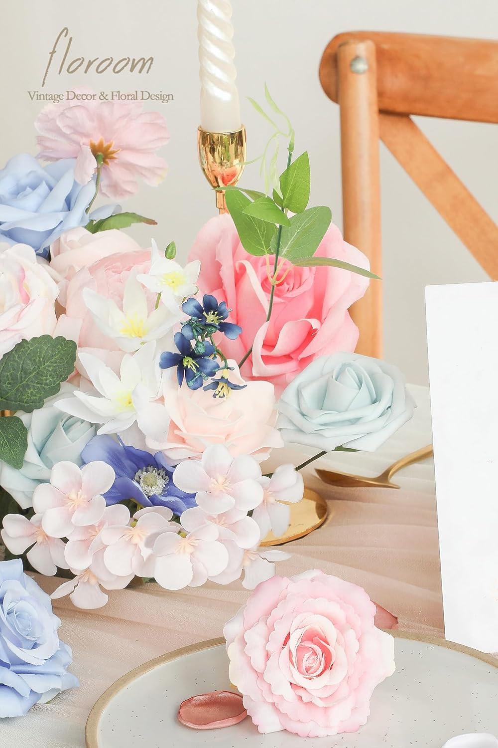Pink Blush Blue Artificial Flowers Fake Roses Peonies and Greenery Combo Box Set