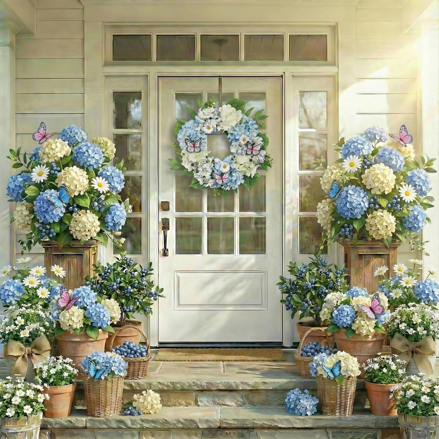 Coronas de primavera para puerta principal con luces, hortensias azules