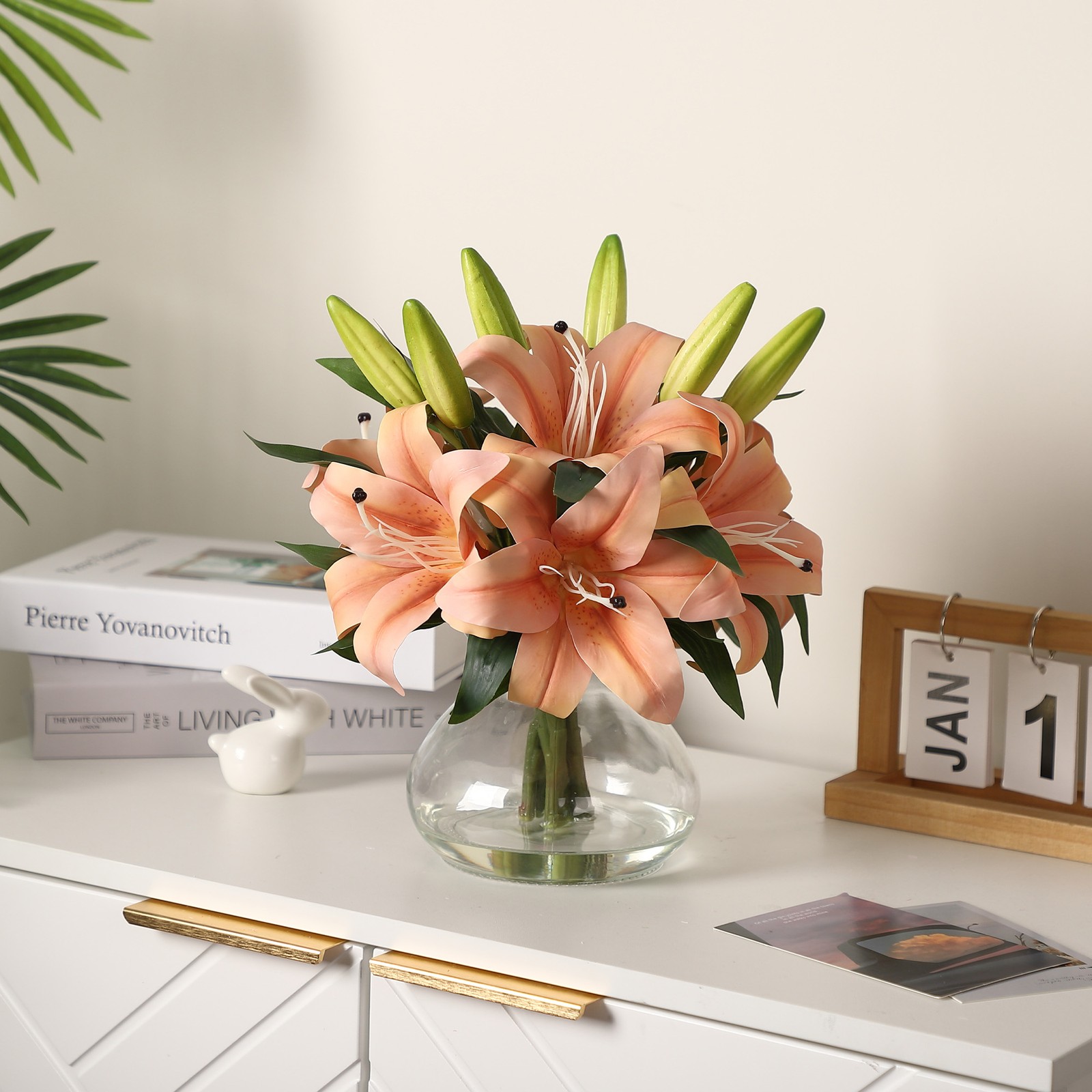 Artificial Tiger Lily Flowers w/ Glass Vase & Faux Water 13″ Floral Centerpiece