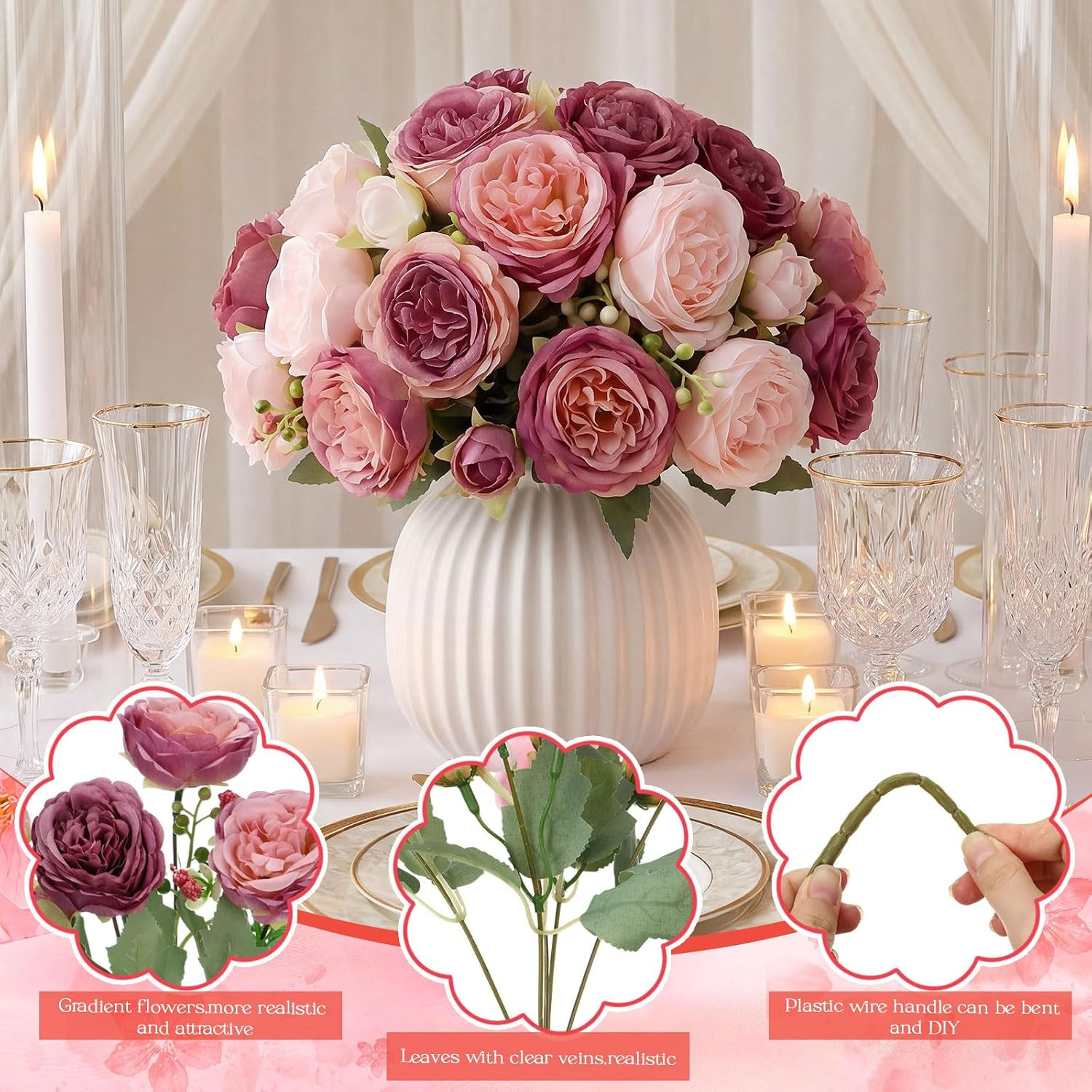Artificial Peonies Flowers Fake Silk Peony Bouquet Faux Peonies Flowers Bulk for