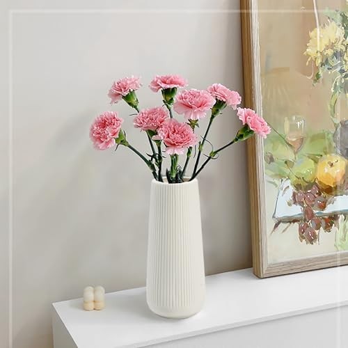 Ceramic Vase for Flower, Matte Black Ribbed Ceramic Vase for Home Decor, White