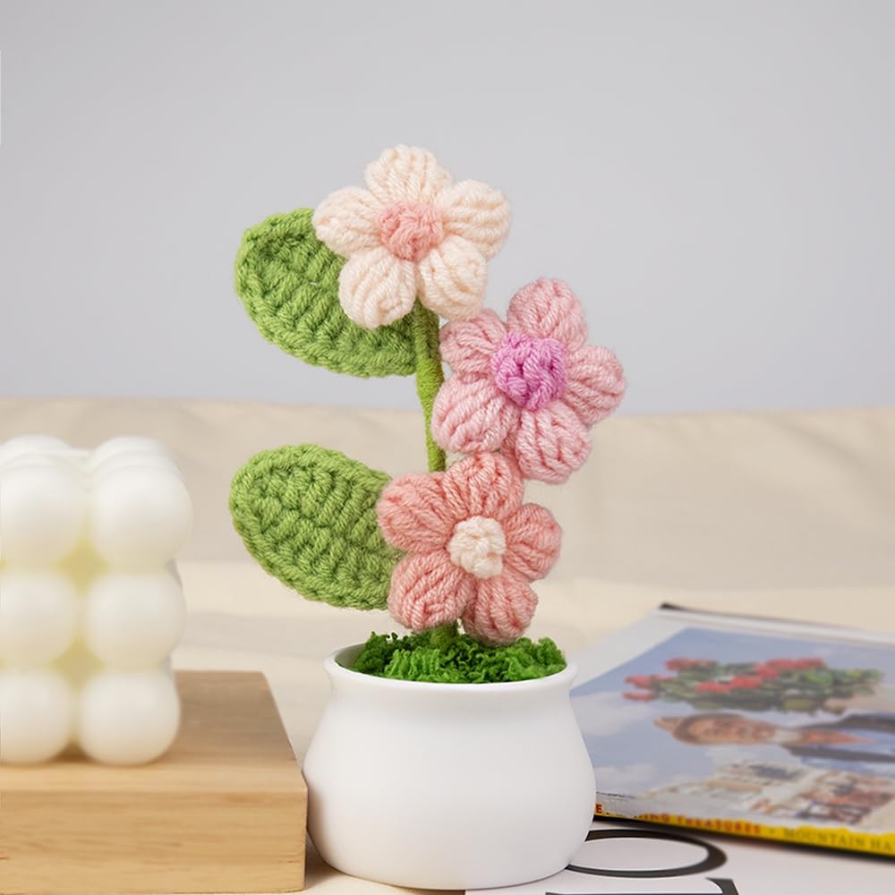 Knitting Crochet Puff Flowers Potted Plants, Gradient Colorful Flowers