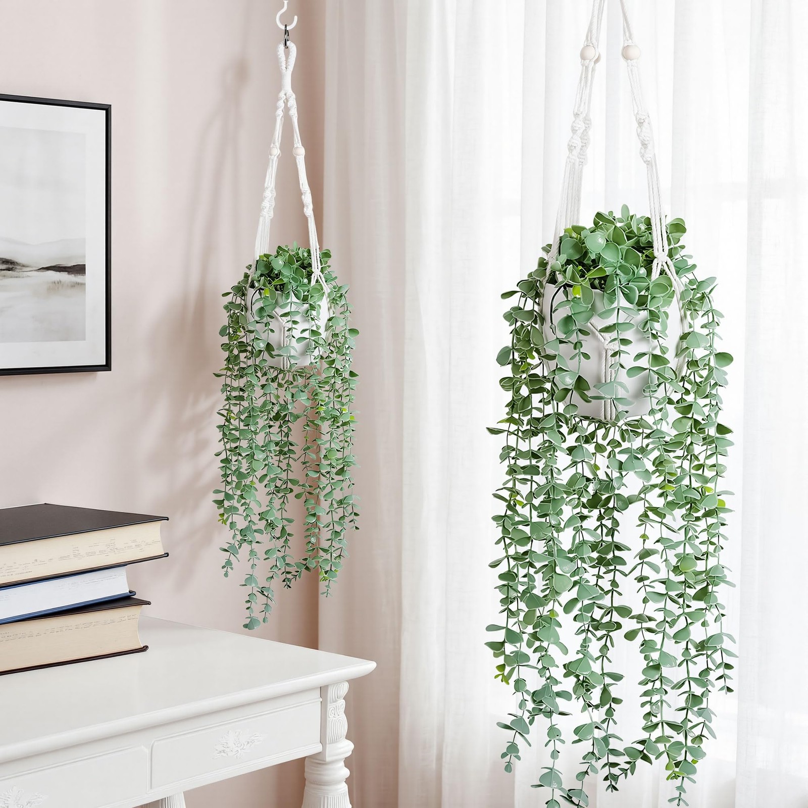2 Packs Fake Hanging Plants with Pots, Artificial Eucalyptus Hanging Plants w…