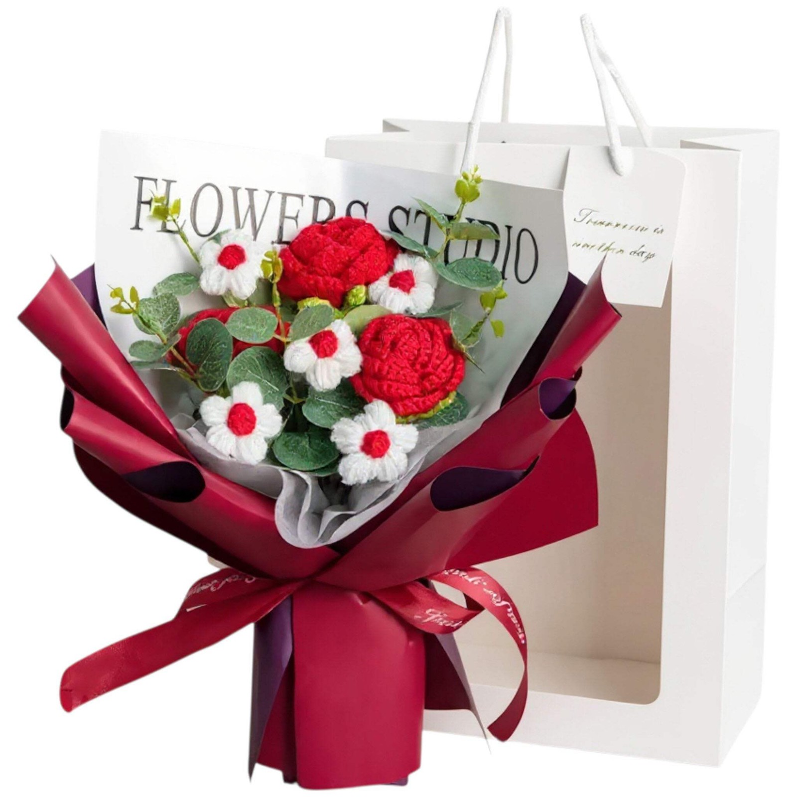 Crochet Flower Bouquet Roses LED Wedding Birthday Gift for Mom Girlfriend