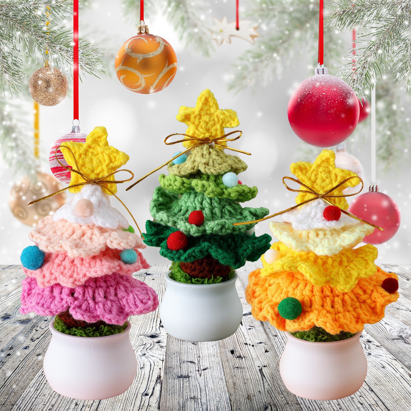 ↑Knitted Mini Xmas Tree Simulation Crochet Xmas Tree Bonsai Ornament For Mall