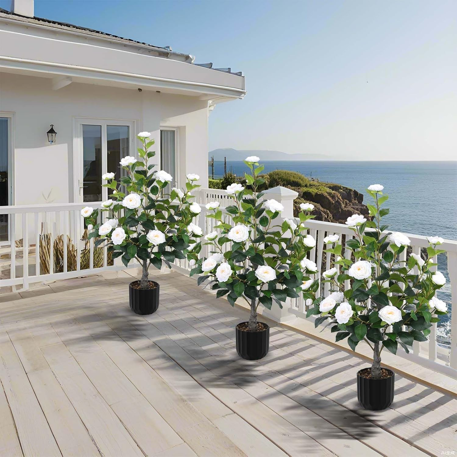 2 Pcs Artificial Camellia Trees Faux Camellia Plant in Pot with Flowers Indoor P