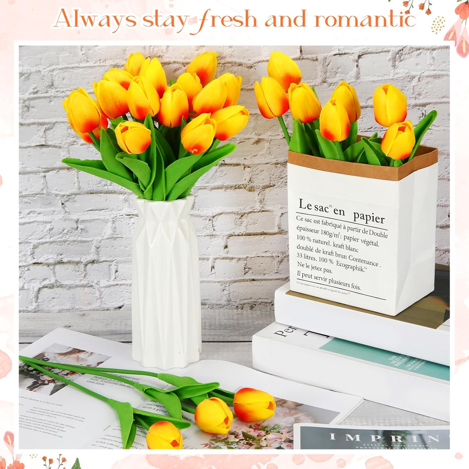 30 PCS Gold Yellow Tulips Artificial Bouquet Real Touch Faux Flowers Decor