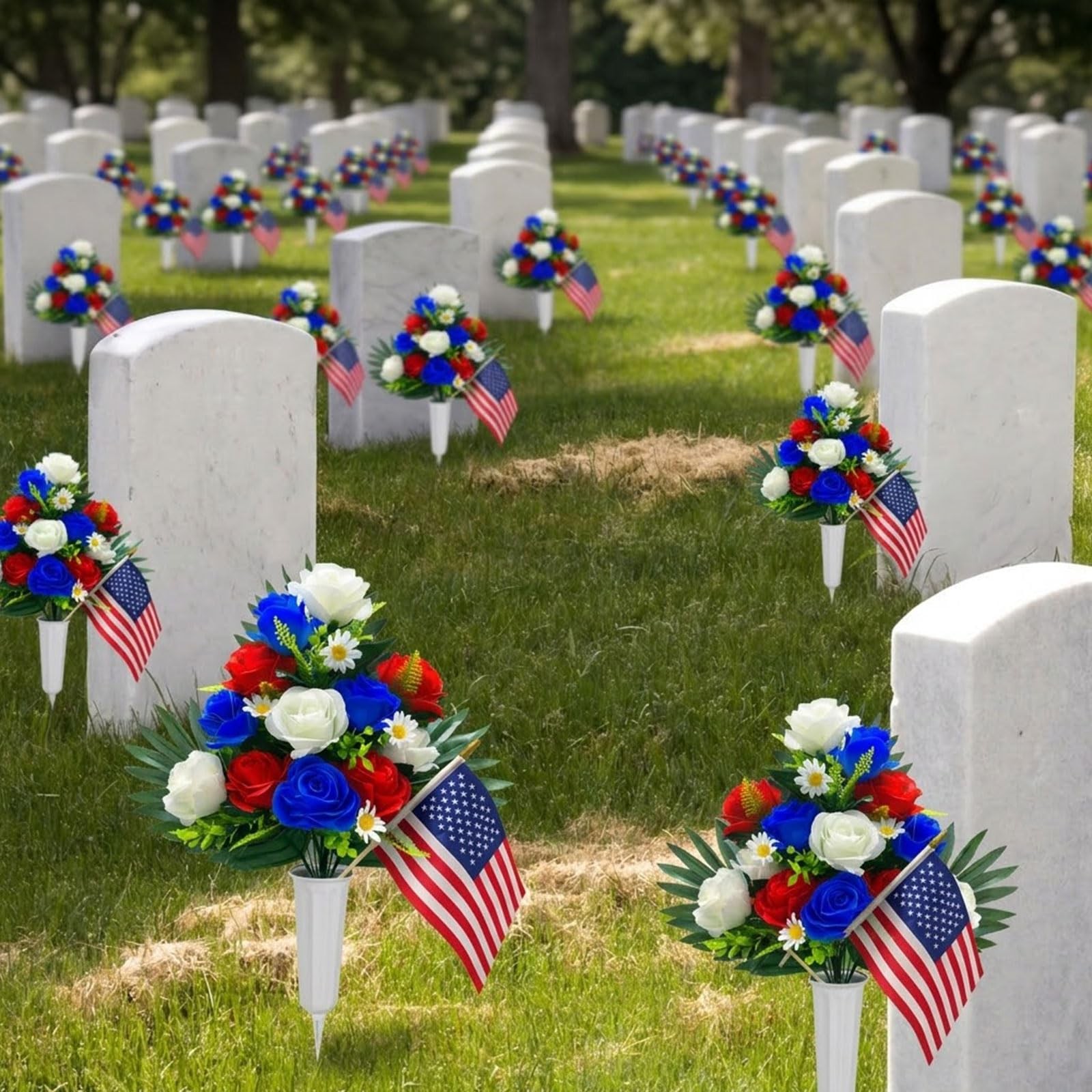 Memorial Day Flowers for Cemetery, 2 Sets Red White and Blue Grave Flowers fo…