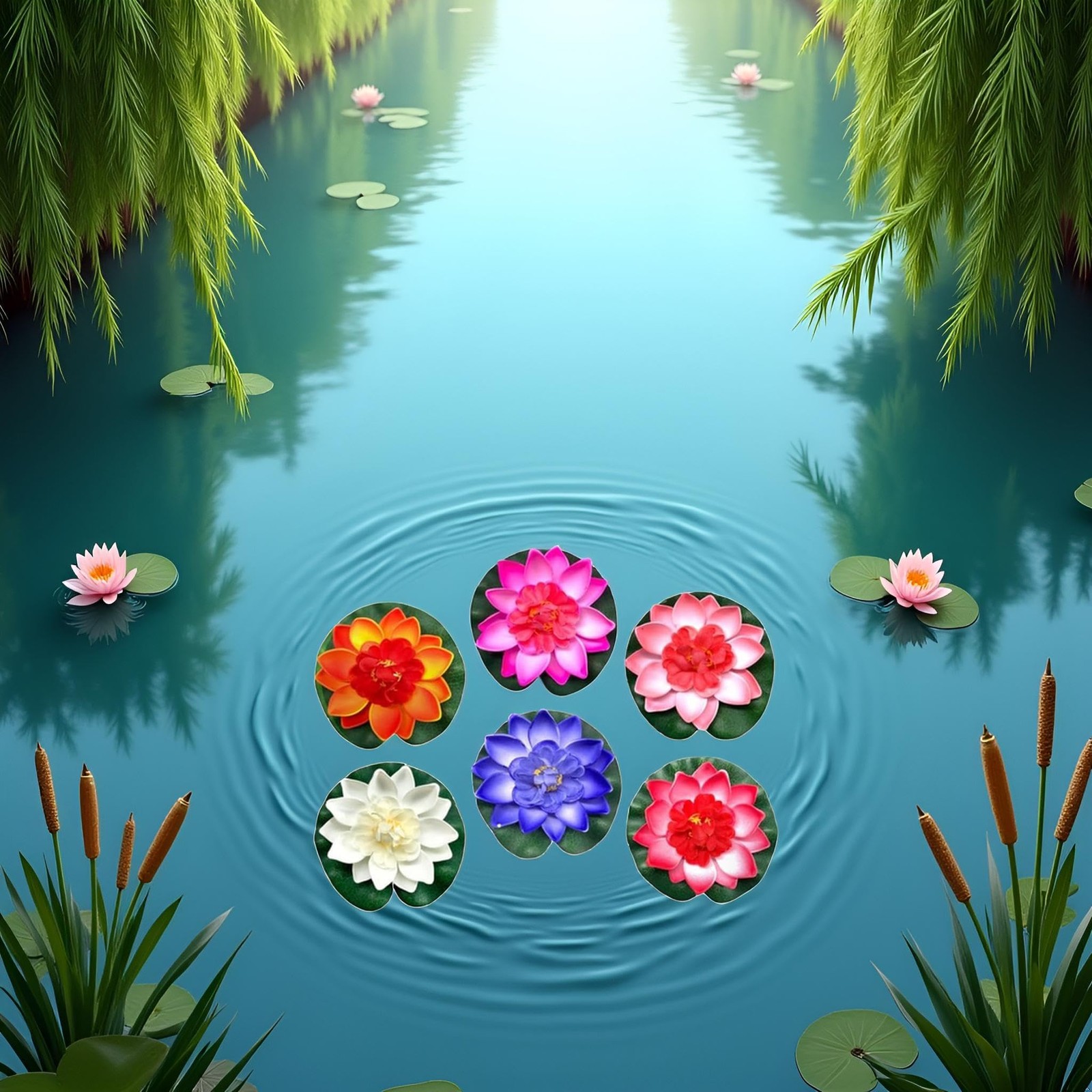 6 Pcs Large Floating Lotus Flowers Faux with Artificial Lily Pads, Artificial.