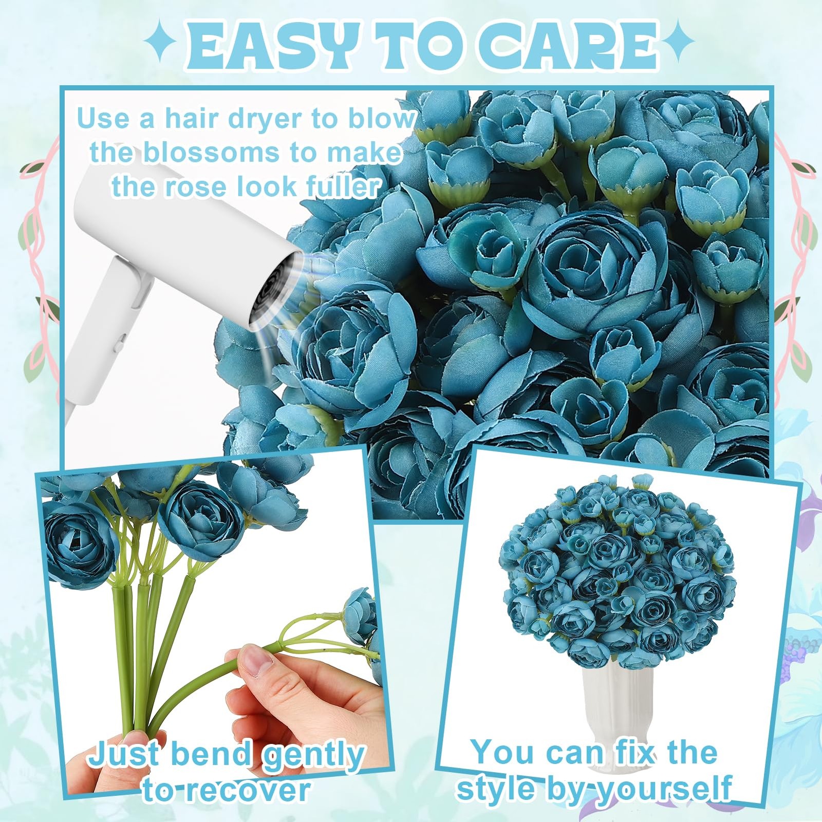 30 PCS 5 Bouquets Teal Ranunculus Artificial Flowers Silk Faux Centerpiece