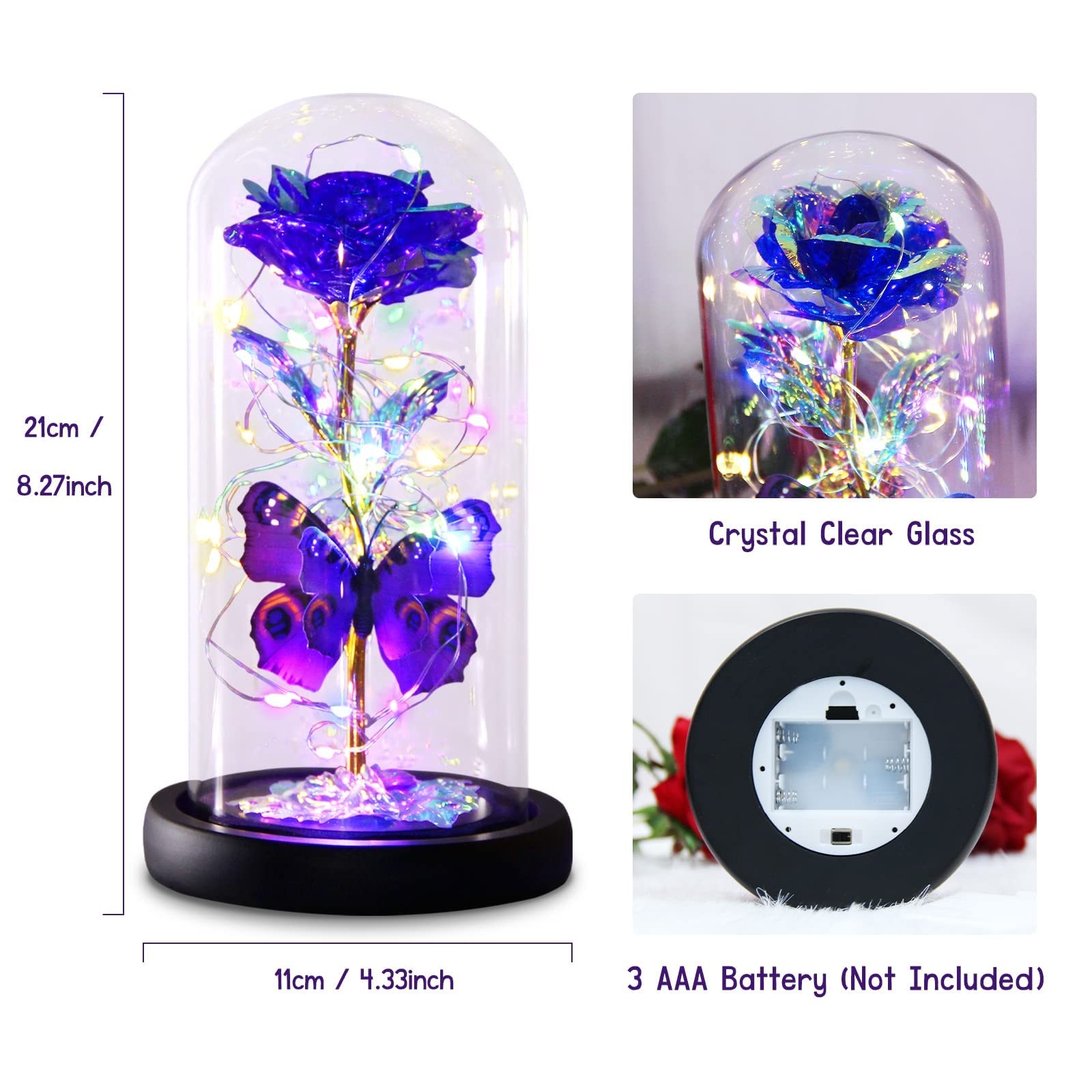 Mothers Day Rose Gifts for Mom, Galaxy Purple Butterfly Rose in Glass Dome, L…